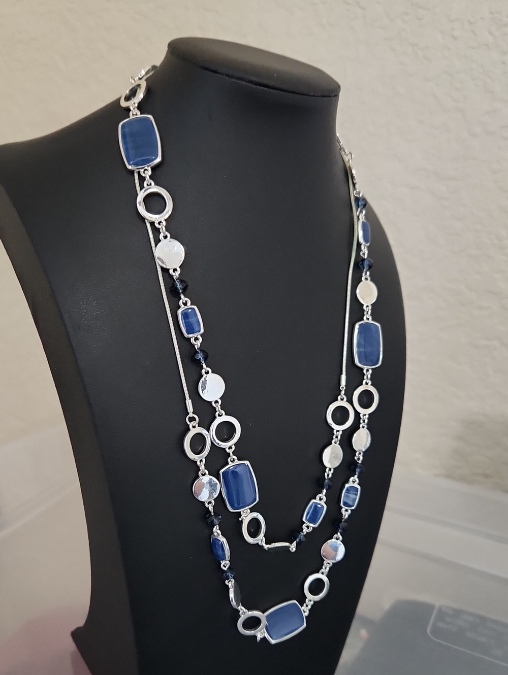 Nine West Silver Tone Blue Geometric Multi Strand Statement Necklace - Like New